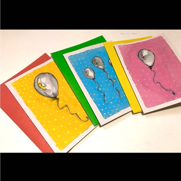 Painted Balloon Card Set of 3. Blank Inside. Pen, Ink, Paint. Any Occasion Cards - Picture 2 of 5
